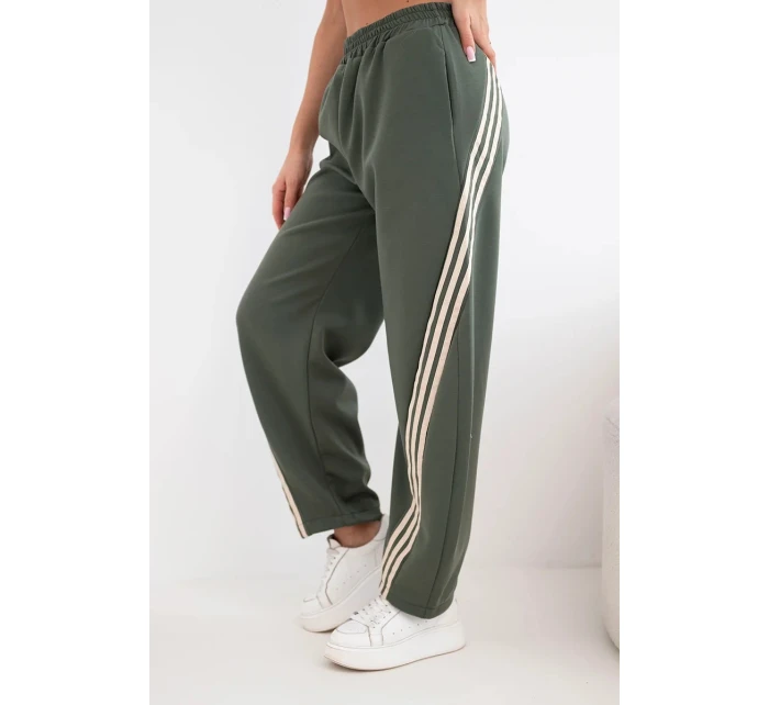 Dámské máslové kalhoty z viskózy s lampasem khaki