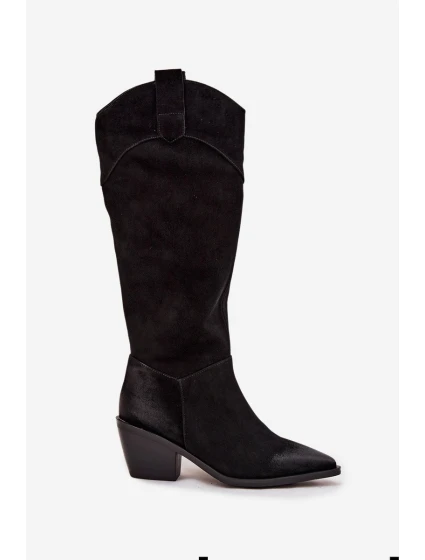 Dámské kozačky na podpatku z přírodní broušené kůže Artiker – černé