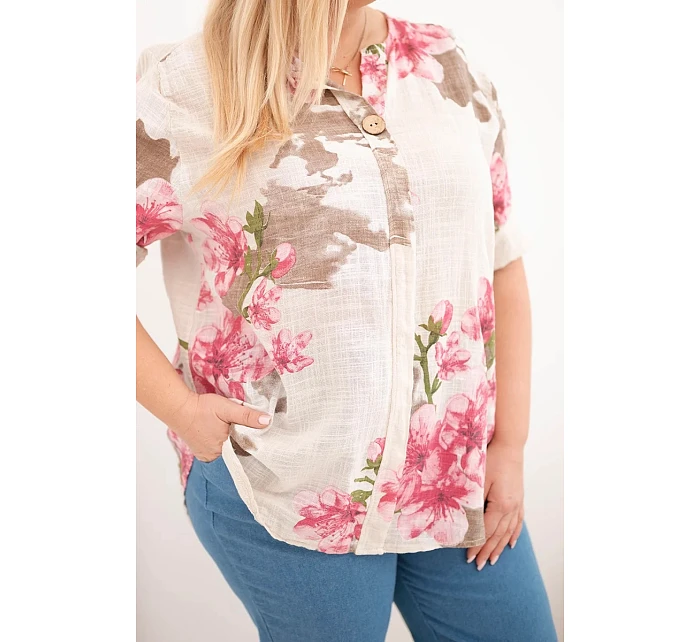 Dámská bavlněná halenka Plus Size s výstřihem do V s květinovým vzorem béžová