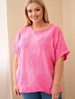 Dámská bavlněná halenka Plus size s vyšívanými květy růžová