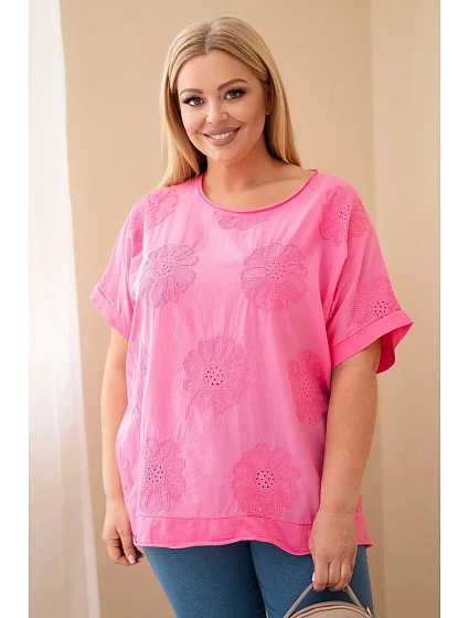 Dámská bavlněná halenka Plus size s vyšívanými květy růžová Dámská bavlněná halenka Plus size s vyšívanými květy růžová