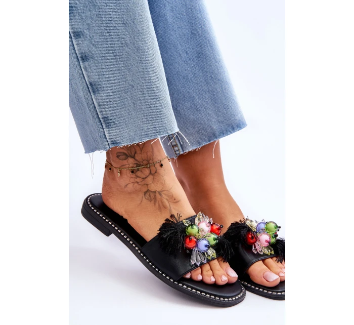 Pantofle s ozdobnými korálky S.Barski KV-2775-47 Černé