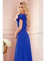 LIDIA - Dlouhé dámské šaty v chrpové barvě s výstřihem a volánky 310-3