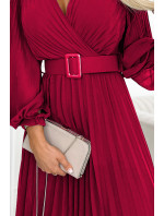 KLARA - Dámské plisované šaty ve vínové bordó barvě s výstřihem a opaskem 414-9