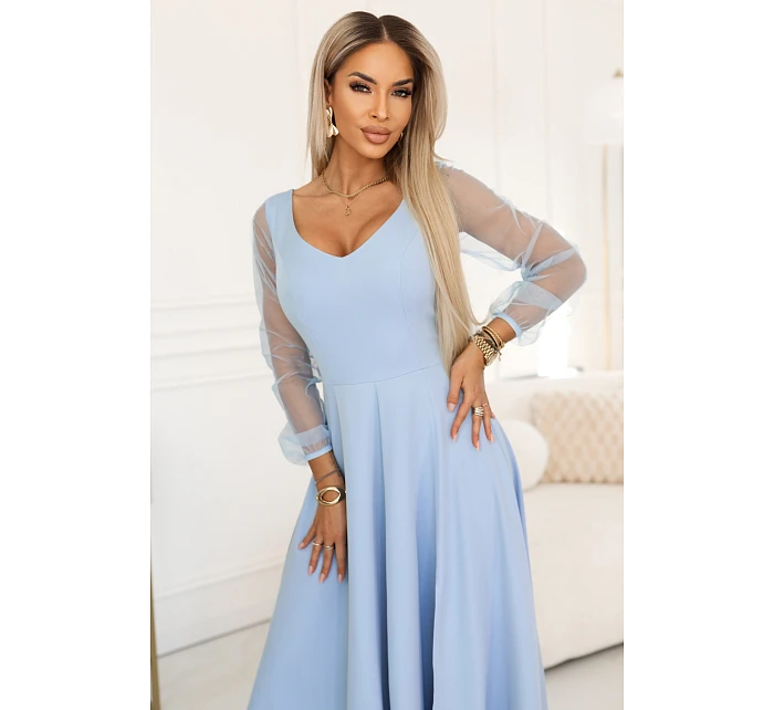 640-5 LORETTA jedinečné dlouhé šaty s tylovými rukávy a výstřihem - modré