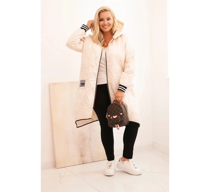 Dámská bunda Plus Size prošívaná s kapucí a model 21297098 manžetami béžová - K-Fashion