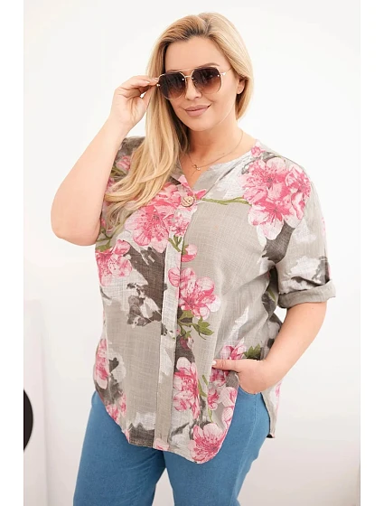 Dámská bavlněná halenka ve velikosti Plus s výstřihem do V v model 22043026 vzoru fango - K-Fashion