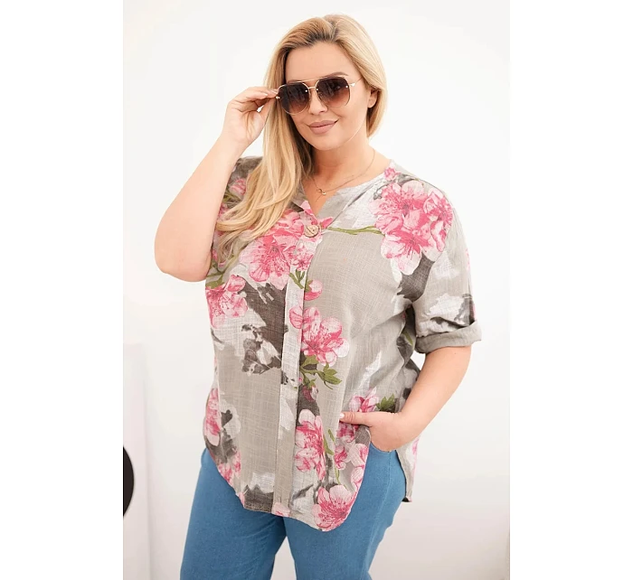 Dámská bavlněná halenka ve velikosti Plus s výstřihem do V v květinovém vzoru fango