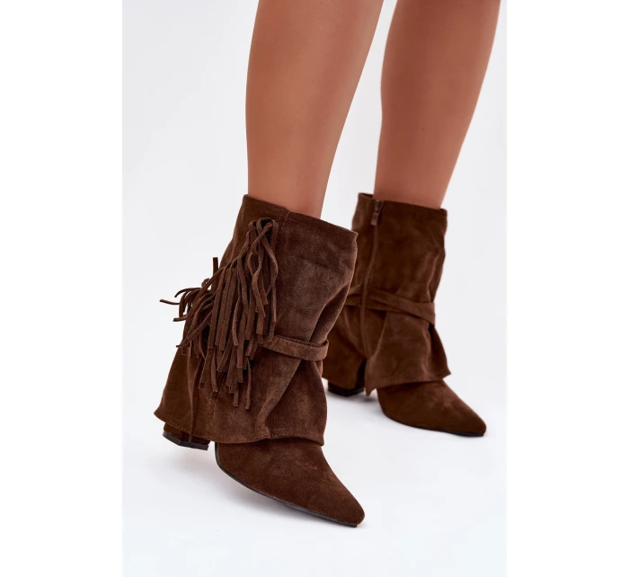 Dámské kotníkové boty na podpatku s třásněmi a zlatými hnědé Damskie model 21757504 - Boto Dámské kotníkové boty na podpatku s třásněmi a zlatými hnědé Damskie model 21757504 - Boto
