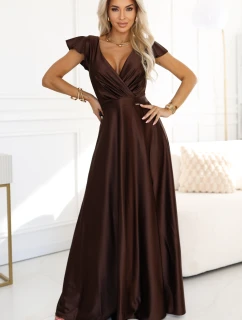 411-15 CRYSTAL saténové dlouhé šaty s výstřihem - čokoládové