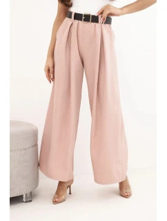 Dámské kalhoty s širokou nohavicí a páskem tmavě pudrově růžové