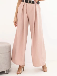 Dámské kalhoty s širokou nohavicí a páskem tmavě pudrově růžové