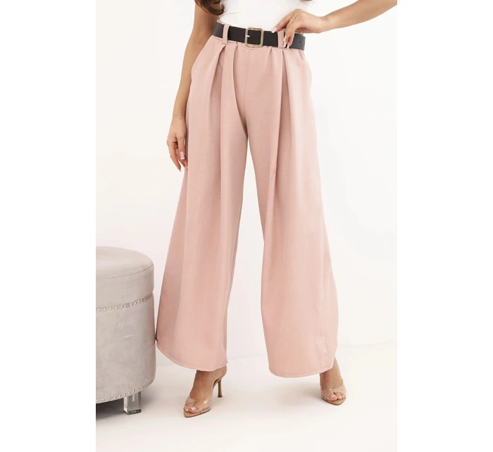 Dámské kalhoty s širokou nohavicí a páskem tmavě pudrově růžové