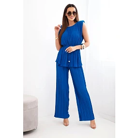 Dámský viskózový plisovaný komplet s halenkou na zavazování a širokými kalhotami chrpový