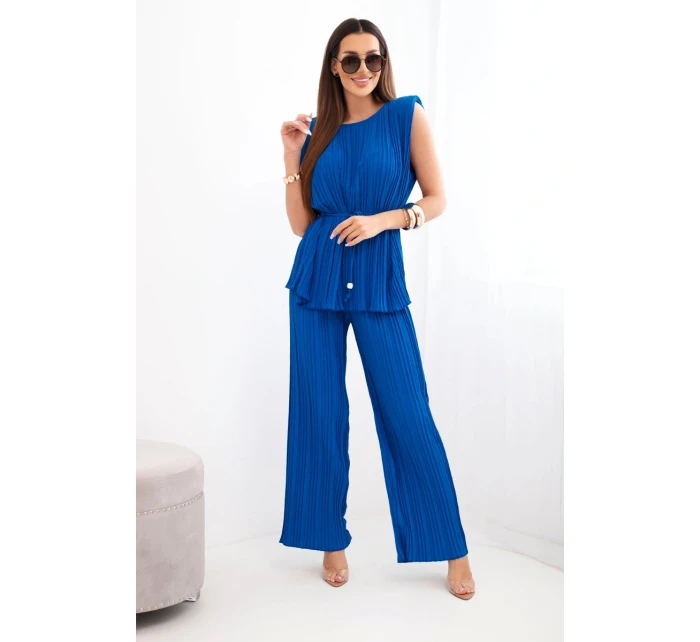 Dámský viskózový plisovaný komplet s halenkou na zavazování a širokými kalhotami chrpový Dámský viskózový plisovaný komplet s halenkou na zavazování a širokými kalhotami chrpový