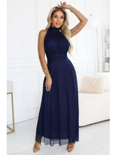 636-2 VERONICA luxusní dlouhé šaty s brokátovým akcentem a elegantním střihem - námořnická modř