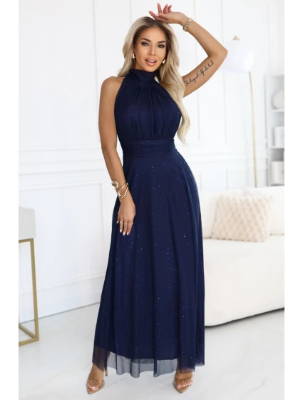 636-2 VERONICA luxusní dlouhé šaty s brokátovým akcentem a elegantním střihem - námořnická modř