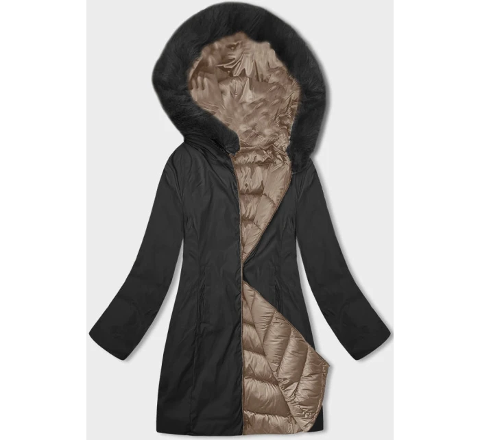 Béžovo-černá dámská oboustranná zimní bunda s kapucí (B8203-1201)