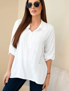 Dámská viskózová blůza s límečkem a potiskem z cyrkonií bílá