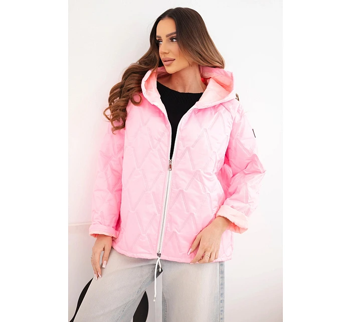 Dámská jarní prošívaná bunda s kapucí a zipem cukrově růžová
