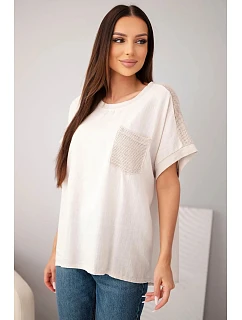 Dámská bavlněná oversize halenka s kapsou a síťovinou béžová