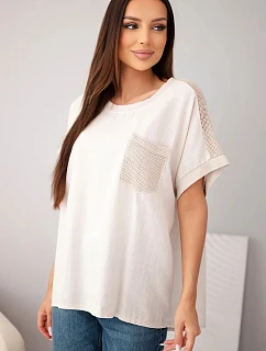 Dámská bavlněná oversize halenka s kapsou a síťovinou béžová