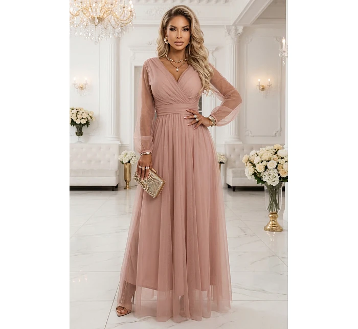 Dlouhé maxi šaty s rukávy a obálkovým výstřihem pudrově růžové model 22046066 - numoco basic