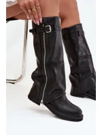 Dámské kozačky s ohrnovaným svrškem, sponou a stříbrným zipem, zateplené Bressa – černé