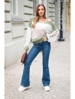 Dámský svetr pruhovaný s copánky na rukávech z vlny khaki + šedý Dámský svetr pruhovaný s copánky na rukávech z vlny khaki + šedý