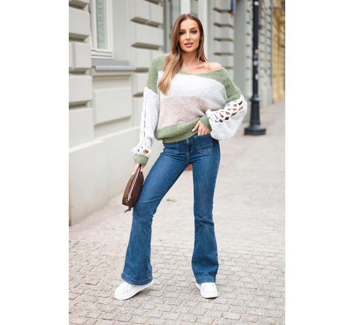 Dámský svetr pruhovaný s copánky na rukávech z vlny khaki + šedý Dámský svetr pruhovaný s copánky na rukávech z vlny khaki + šedý