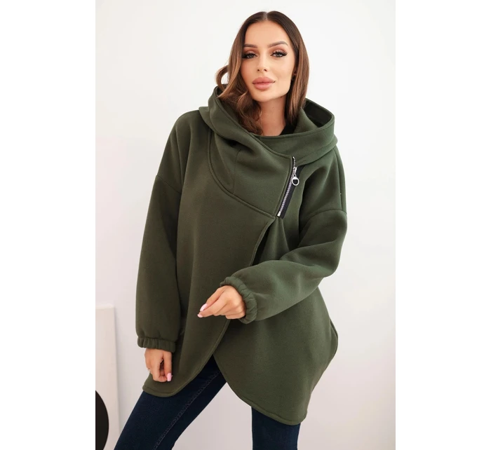 Dámská mikina s kapucí a asymetrickým zipem khaki