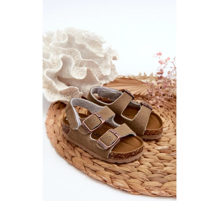 Dětské sandálky na korkové platformě se suchým zipem v barvě khaki Rorria