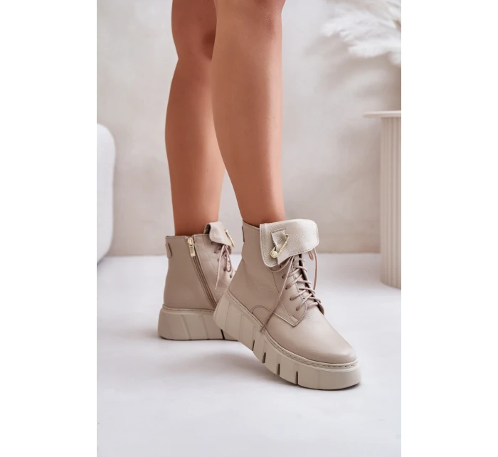 model 21673696 Kožené Boty Dámské Na Platformě Zateplené Béžové - Zazoo