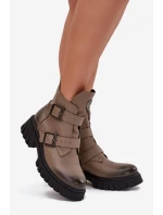 Kožené zateplené dámské kotníkové boty se sponami a ozdobným detailem Zazoo 60482 tmavě béžové