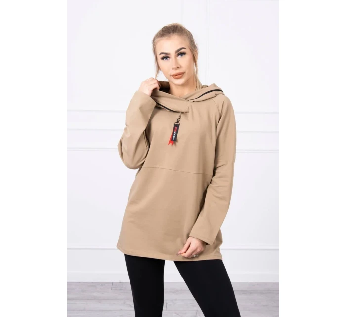 Oversize velbloudí tunika na zip s kapucí