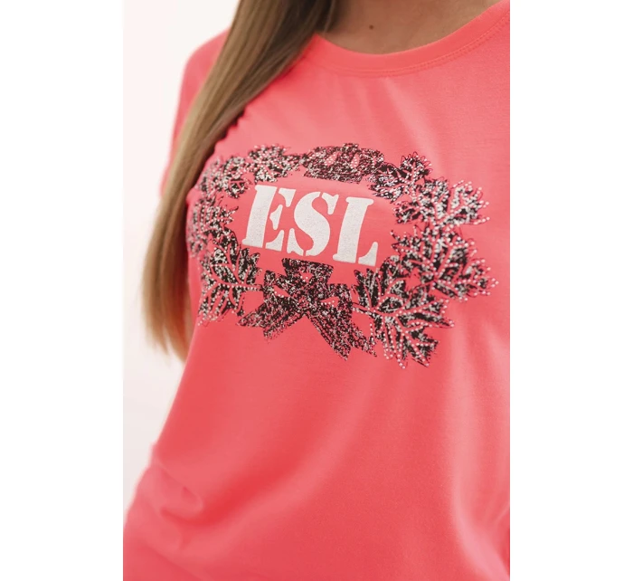 Dámská bavlněná halenka s ozdobným potiskem model 22014291 růžový neon - K-Fashion