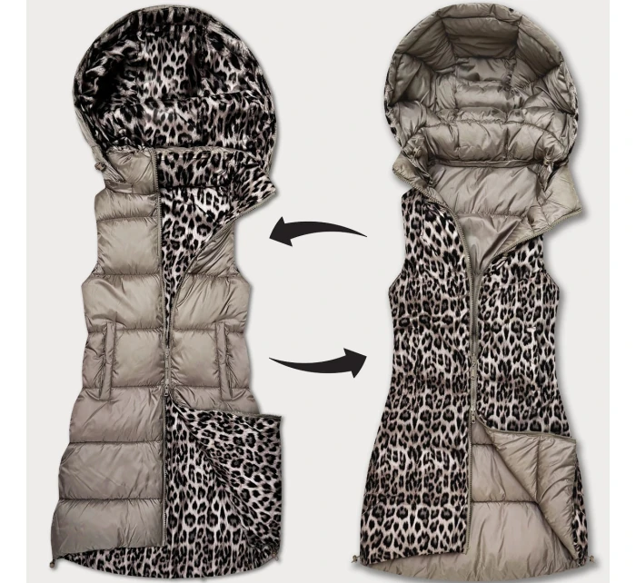 Béžová hrubší oboustranná vesta s panteřím vzorem a s odepínací kapucí model 21310496 - HONEY WINTER