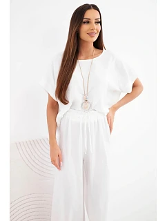 Dámský viskózový komplet: halenka s krátkým rukávem a kalhoty se širokou nohavicí ecru