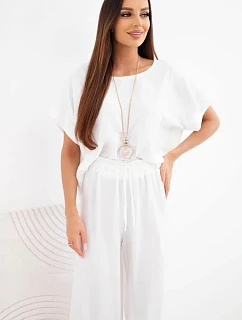 Dámský viskózový komplet: halenka s krátkým rukávem a kalhoty se širokou nohavicí ecru