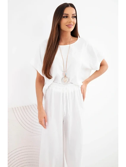 Dámský viskózový komplet: halenka s krátkým rukávem a kalhoty se širokou nohavicí ecru