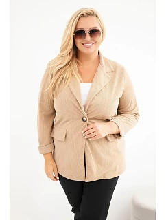 Dámské sako Plus Size manšestrové s klopami a kapsami camelová