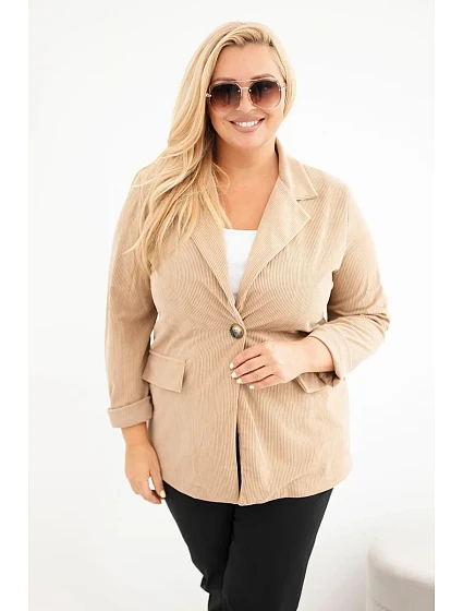 Dámské sako Plus Size manšestrové s klopami a kapsami camelová