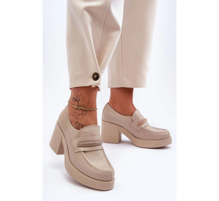 Kožené Půlboty Na Sloupku S Ozdobou Bežové Gelanor Kožené Půlboty Na Sloupku S Ozdobou Bežové Gelanor