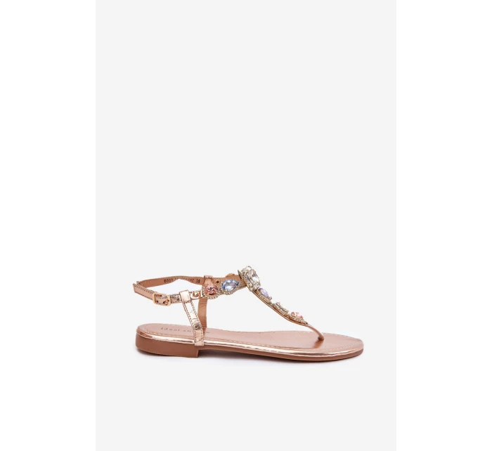 Dámské sandály na plochém podpatku s krystaly růžové zlato model 21699543 - Boto Dámské sandály na plochém podpatku s krystaly růžové zlato model 21699543 - Boto