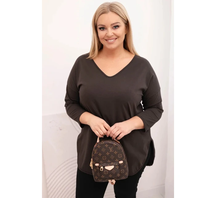 Dámská bavlněná blůza Plus Size s výstřihem do V a ohrnutým rukávem hnědá Dámská bavlněná blůza Plus Size s výstřihem do V a ohrnutým rukávem hnědá
