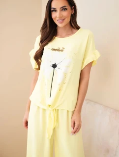 Dámský viskózový komplet s halenkou s potiskem a kalhotami žlutý