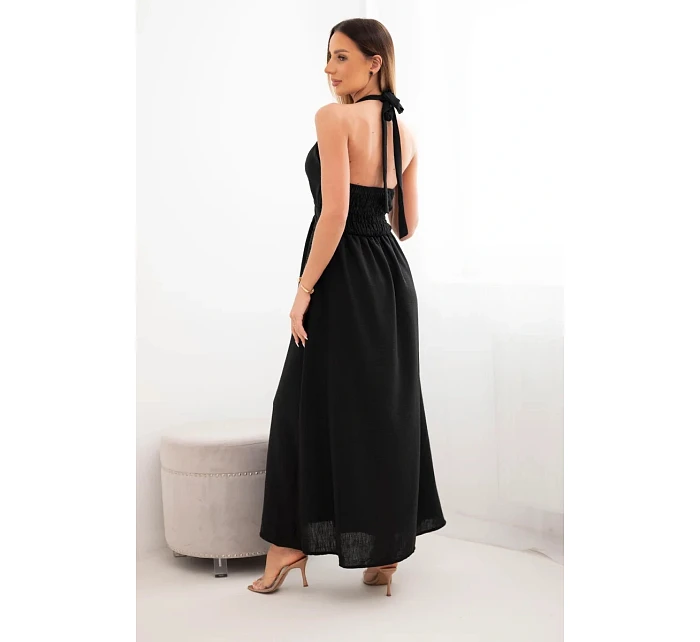 Dámské viskózové maxi šaty vázané na krku s ozdobnou sponou černá Dámské viskózové maxi šaty vázané na krku s ozdobnou sponou černá