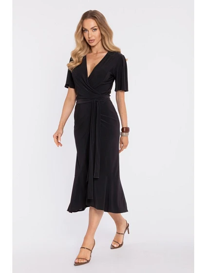 model 22040677 Zavinovací midi šaty s volánem a řasením černé - Moe