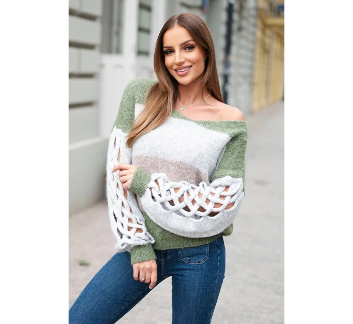 Dámský svetr pruhovaný s copánky na rukávech z vlny khaki + šedý Dámský svetr pruhovaný s copánky na rukávech z vlny khaki + šedý