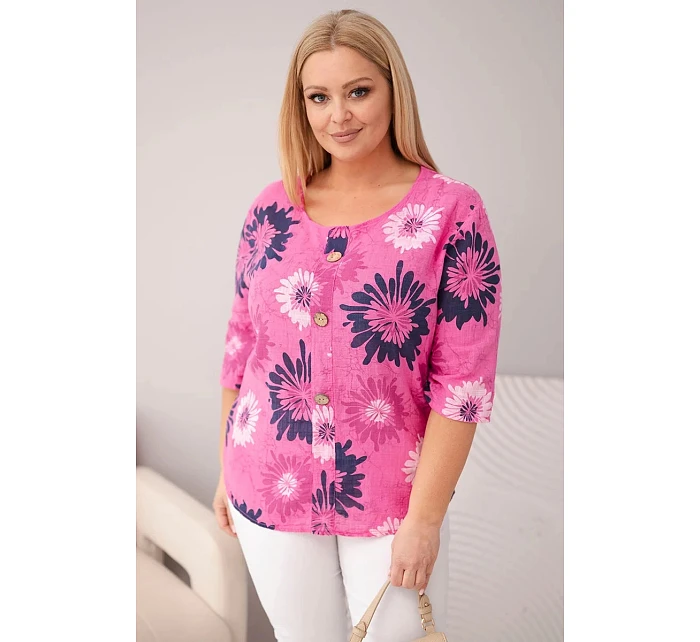 Dámská bavlněná halenka Plus Size s krátkým rukávem a knoflíky růžová